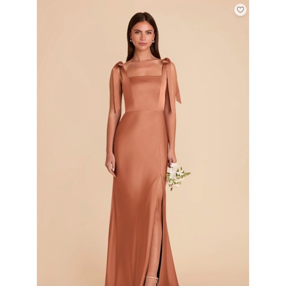 Birdy Grey Alex Satin Maxi Dress XS Terracotta Rust Tie Shoulder Slit Bridesmaid